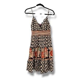 She's Cool Floral Print Mini‎ Dress Black Beige Sleeveless Smocked Casual